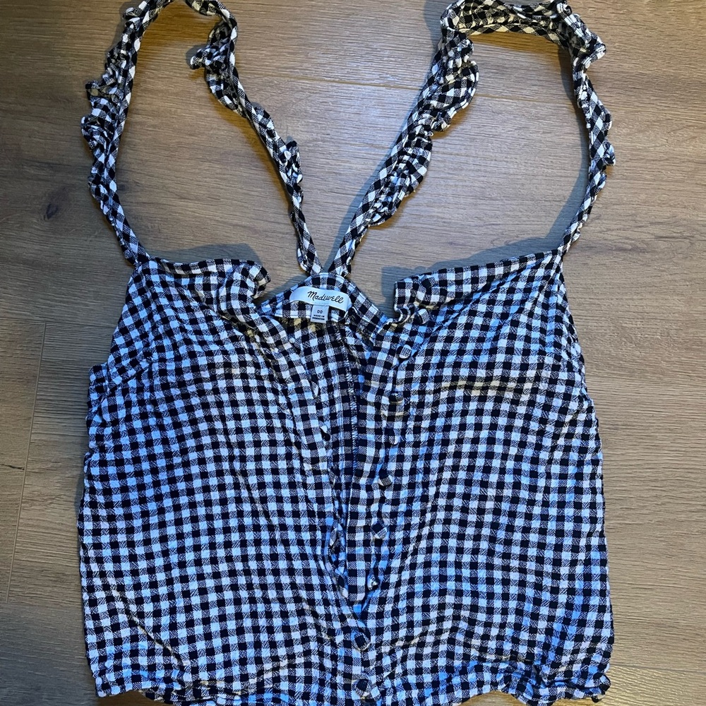 Madewell Black and White Sleeveless Tank Top with V-Neck and Ruched Features